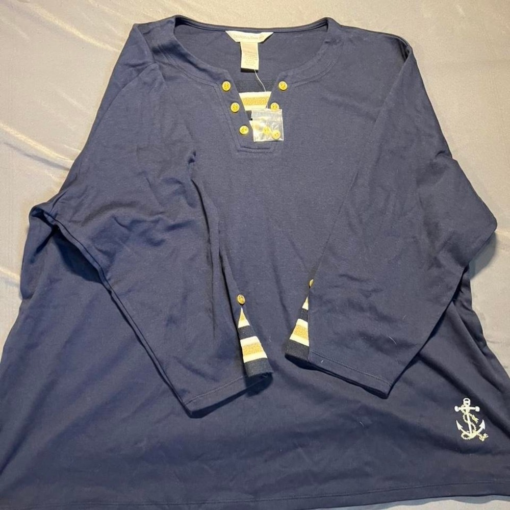Drapers & Damons Womens 2X Navy Blue Nautical Anchor Knit Top 3/4 SleeveGoldTone